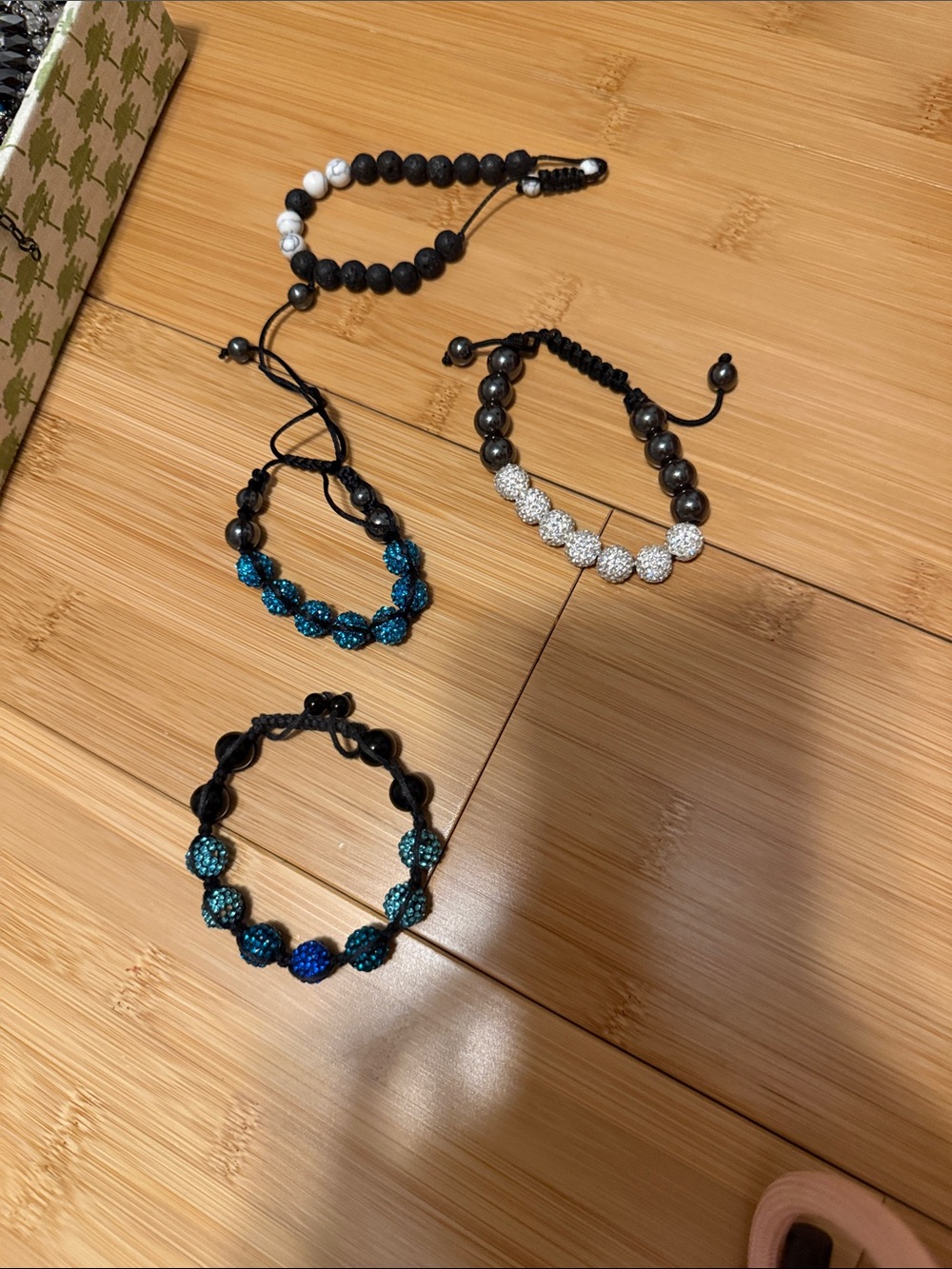 Set of 4 Adjustable Beaded Shamballa Bracelets - Turquoise, Blue, White, Black